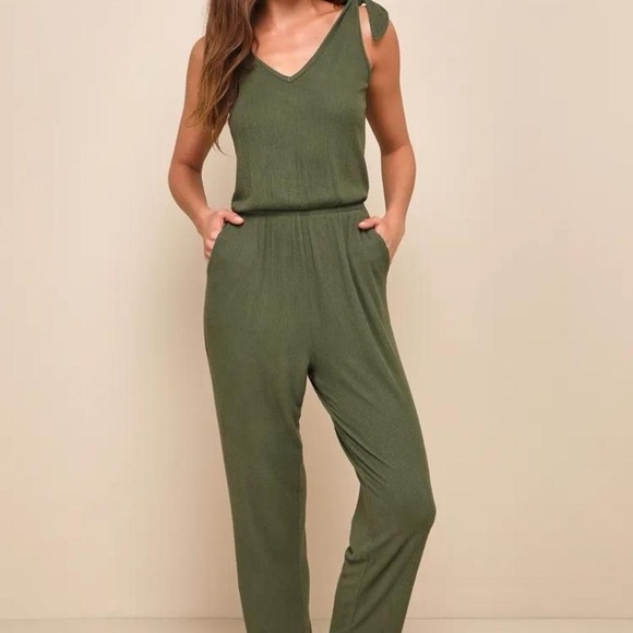 Lulus Belmore Olive Green Ribbed Sleeveless Jumpsuit Small - Picture 1 of 8